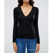 Benutzerdefinierte Ebene Plunge Neck Girl Top mit langen Ärmeln